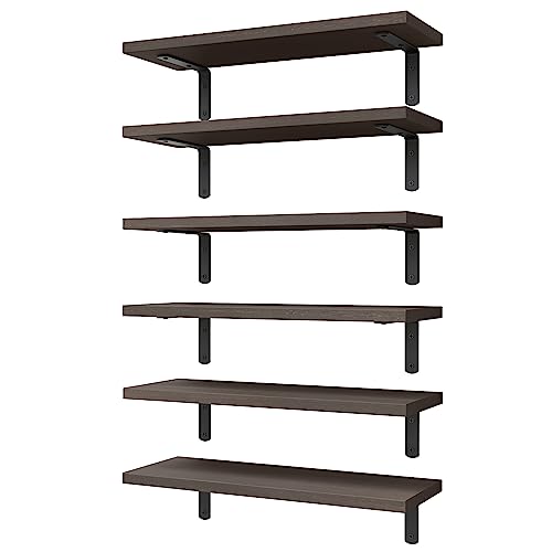 Wood Floating Shelves Set of 6, Shelves for Wall Decor, Farmhouse Shelf for Bedroom, Bathroom Storage Shelves, Book Shelves for Living Room, Dark Brown - color: Dark Brown, size: 16.5 Inch