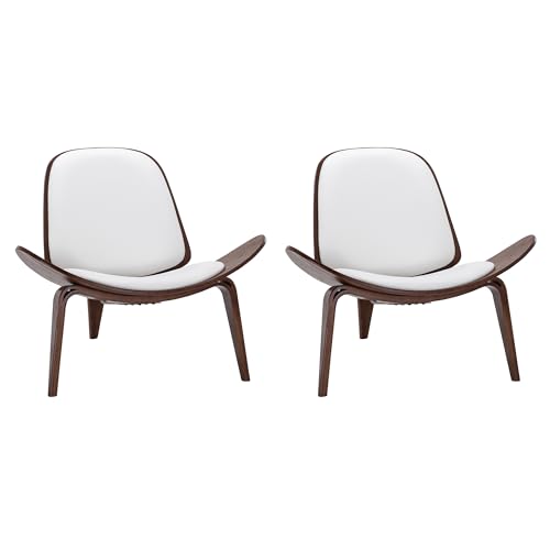 BELLEZE Shell Chairs Set of 2, Armless Mid Century Modern Accent Chairs Faux Leather Shell Lounge Chairs for Living Room Bedroom Office, Tripod Side Chairs with Padded Seat, Solid Wood- Avalon (White) - color: White, size: 2 Chairs