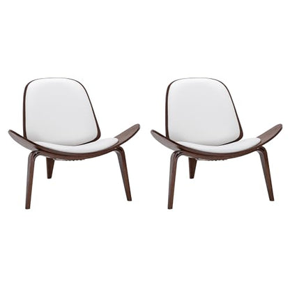 BELLEZE Shell Chairs Set of 2, Armless Mid Century Modern Accent Chairs Faux Leather Shell Lounge Chairs for Living Room Bedroom Office, Tripod Side Chairs with Padded Seat, Solid Wood- Avalon (White) - color: White, size: 2 Chairs