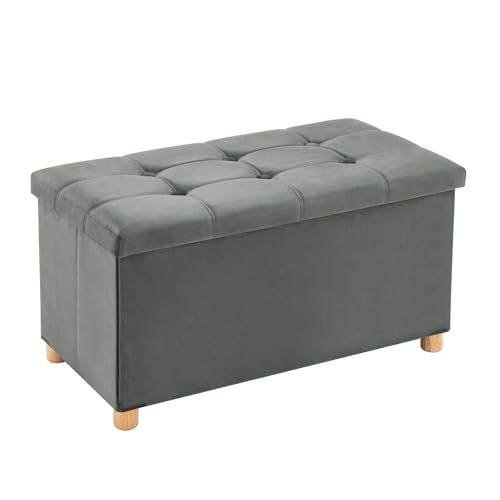 YOUDENOVA 30" Velvet Ottoman with Storage, Wooden Legs, Gray | Velvet ottoman with hidden storage, padded seat and sturdy wooden legs for bedroom, living room or entryway. - color: Grey