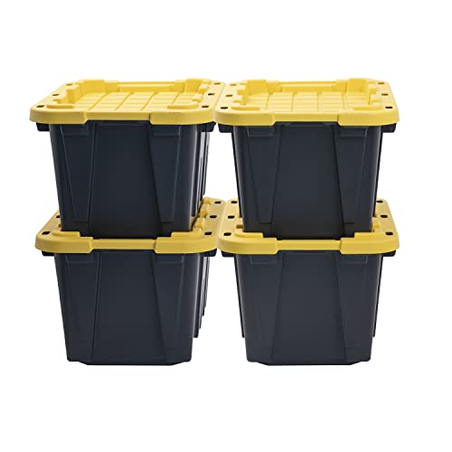 CX Heavy Duty 12-Gallon Stackable Plastic Storage Bins with Lids, 4 Pack | Storage totes for garage organization, Stackable containers, weather-resistant, snap lid, 12.5H x 16.3W x 21.8D, Black/Yellow - size: 12 Gallon