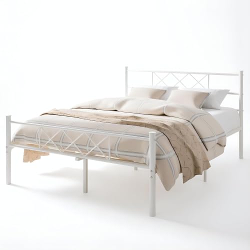 VECELO Full Size Bed Frame with Headboard, Heavy Duty Bedframe with Strong Metal Slats, No Box Spring Needed & Easy Assembly, Pure White - color: Pure White, size: Full