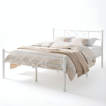 VECELO Full Size Bed Frame with Headboard, Heavy Duty Bedframe with Strong Metal Slats, No Box Spring Needed & Easy Assembly, Pure White - color: Pure White, size: Full