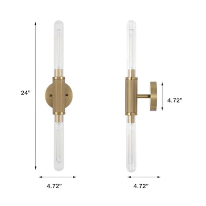 Gold Knurled Texture Wall Sconces 24" Modern Cylinder Bathroom Vanity Lights Fixtures with Clear Striped Glass Shade 2-Lights Indoor Wall Lighting for Living Room Bedroom Kitchen - color: Gold Knurled Texture/Clear
