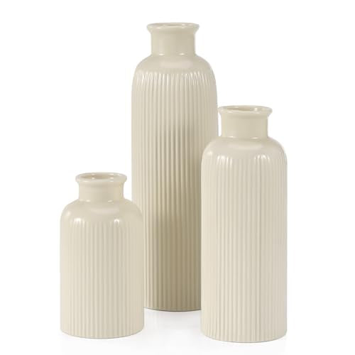 Small Beige Ceramic Vase Set of 3, Boho Modern Beige Flower Vase Room Decor, Farmhouse Decor, Vases for Your Kitchen, Bathroom, Bedroom, Living Room, Office&Shelf Centerpiece Table Decorations - color: Beige
