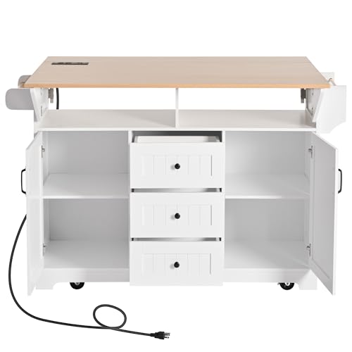 55.7" W Kitchen Island with 2 Drop Leaf, Moblie Kitchen Cart On Wheels with Storage Cabinet, 3 Drawers, Multifunctional Rolling Dining Table with Power Outlet, Spice & Towel Rack (White-v) - color: White-v)