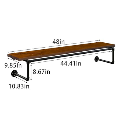 Clothes Rack 48in, Wall Mounted Garment Racks with Real Walnut Wood Shelf, Heavy Duty Hanging Clothes Rack, Multi-Purpose Hanging Rod, Space-Saving Closet Storage - color: Walnut, size: 1T48IN