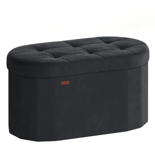 SONGMICS Mazie Collection - Folding Ottoman with Storage, Oval Storage Ottoman Bench, for Living Room, Bedroom, Velvet Fabric, 15 x 30 x 15 Inches, Ink Black ULSF267BH01 - color: Ink Black, size: 15"D x 30"W x 15"H, style: Oval