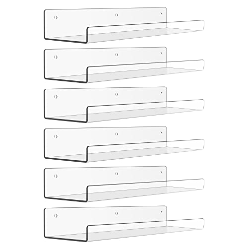 upsimples 15" x 4" Acrylic Shelves for Wall Storage and Organizer, 6 Pcs | Versatile Clear Floating Bedroom Shelves for Figures & Collectibles, Kids Bookshelf, Invisible for Displaying, Room Décor - size: 15x4"