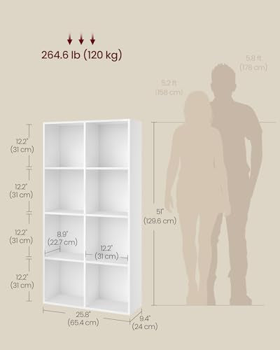 VASAGLE Bookcase Cube Shelf with 8 Compartments, 9.4 x 25.8 x 51 Inches | Bookshelf storage shelf, Cloud White, CUSTOS Collection, ULBC424W01 - color: Cloud White, size: 8 Cubes (9.4"D x 51"H), style: 1 Pack