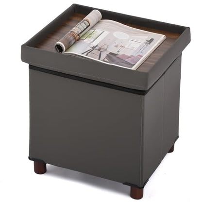 Dorriss Storage Ottoman, Ottoman with Storage for Living Room Ottoman Square Tray Bedroom Cube Foot Rest Stool With Legs Small Ottomans Coffee Table Lid Foldable Footstool Faxu Leather 15" Inch (Grey)
