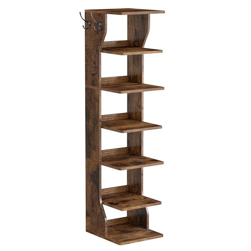 VASAGLE 7-Tier Vertical Shoe Rack, Narrow Shoe Storage Organizer with Hooks | Slim Corner Tower Shelf, Space Saving for Entryway and Bedroom, Rustic Brown, ISLAND Collection ULBS200KD01 - color: Rustic Brown, size: 7 Tiers (10.4"W)