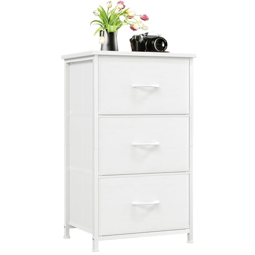 Somdot Small Dresser for Bedroom, 3 Drawer Storage Cabinet, White | Tall Nightstand Fabric Dresser with Removable Bins, Steel Frame and Mdf Wood Top , Closet, Nursery, Dorm or Entryway Storage - color: White, size: 11.8"D x 16.5"W x 28.1"H (3 Drawers)
