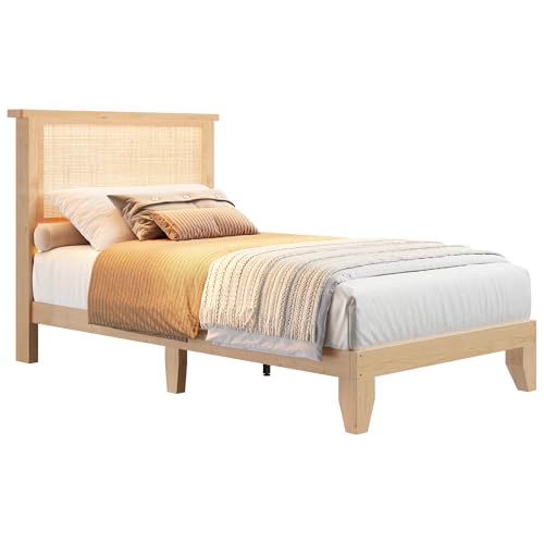Garvee Bohemian Twin Rattan Bed LED Natural Headboard Bedroom | Bohemian twin rattan bed with natural headboard, LED lights, solid wood frame. No box spring needed for bedroom use. - size: Twin(0 Drawers)