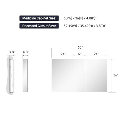 60"x36" Medicine Cabinet with Mirror & Soft Close Hinges, Surface Mount or Recessed Medicine Cabinet with Adjustable Shelves, Bathroom Wall Medicine Cabinet with Storage, Aluminum Alloy Frame, Combo - size: 60" x 36"