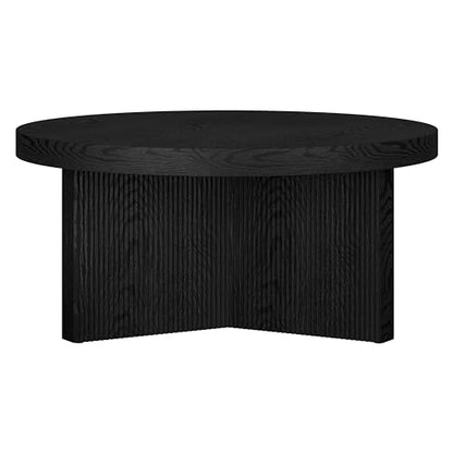 Henn&Hart 32" Scandinavian Fluted Coffee Table, Natural Black | Ribbed pedestal base and low profile bring Scandinavian style to small spaces including living rooms or family rooms - color: Natural Black, size: 32 inches