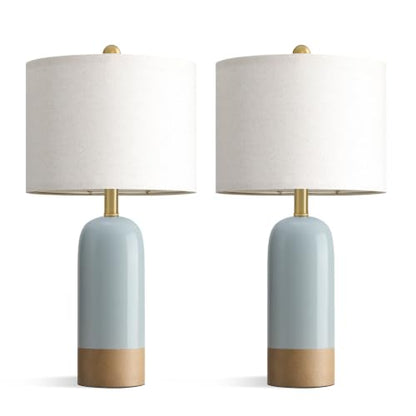 PoKat 24'' Farmhouse Blue Table Lamps Set of 2 for Living Room, Two-Tones | Ceramic Bedside Lamps for Bedroom, Hand-Textured Design, Kiln Variation Glaze, Coastal Lamps for Nightstand, Hallway,Entryway - color: Blue Reactive Glaze