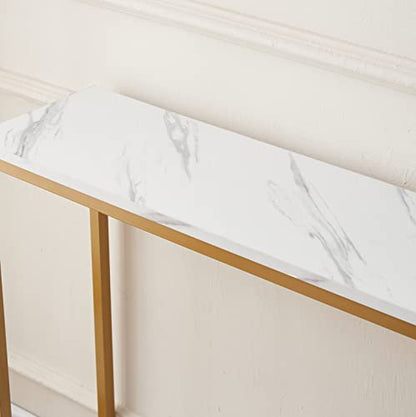 loglus Console Table for Entryway, Faux Marble MDF Indoors Sofa Table with Golden Frame for Small Rooms, Double Layer, White Marble, 9.45" D x 38.19" W x 29.72" H - color: White Marble, style: Double Layer