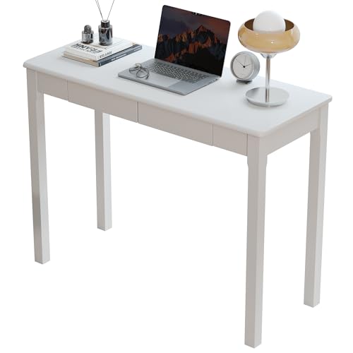 Solid Wood Desk with Drawers - 39 x 16 Inch Narrow Desks, Mid Century Modern Desks, Rubber Wood Study Table, Small Writing Desk for Small Spaces|Bedroom - White - color: White, size: 39.4 in W x 15.7 in D