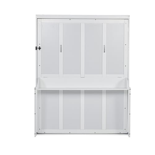 SOFTSEA Queen Size Murphy Wall Bed Frame with Desk, White | Space-Saving Hidden Wall Bed with Desk, Gas Struts, Vertical Murphy Bed Cabinet for Guest Room Home Office - color: White Black