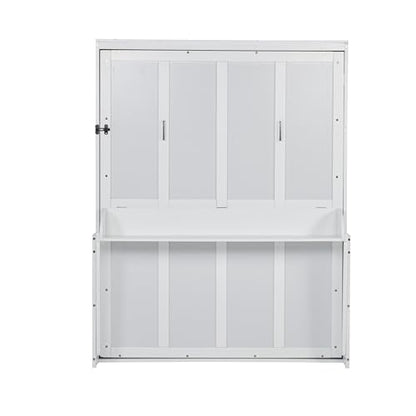 SOFTSEA Queen Size Murphy Wall Bed Frame with Desk, White | Space-Saving Hidden Wall Bed with Desk, Gas Struts, Vertical Murphy Bed Cabinet for Guest Room Home Office - color: White Black