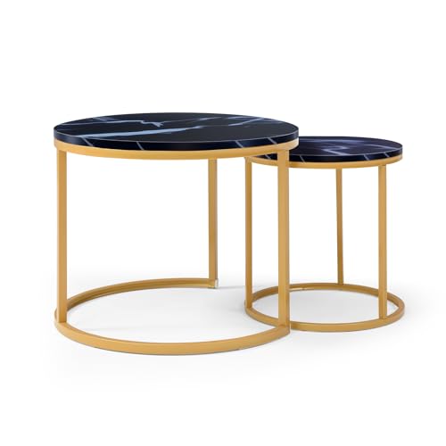 Nesting Coffee Table Set of 2 for Small Spaces, 23.6" Round Coffee Table with Marble Pattern Wood Top & Golden Metal Frame, Modern End Side Tables for Living Room, Apartment - color: Black, Gold