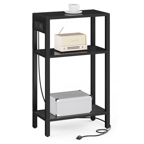 TUTOTAK Narrow Side Table, 3-Tier Small End Table with Charging Station | Skinny Sofa Table, Slim Nightstand, Easy Assembly for Living Room, Bedroom, Black TB01BK079 - color: Black, size: 3-tier