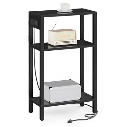 TUTOTAK Narrow Side Table, 3-Tier Small End Table with Charging Station | Skinny Sofa Table, Slim Nightstand, Easy Assembly for Living Room, Bedroom, Black TB01BK079 - color: Black, size: 3-tier