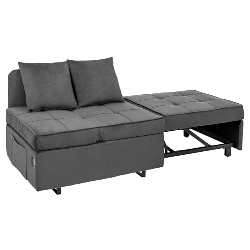 Convertible Sofa Bed 4-in-1 Pull Out Couch, Ottoman Bed Sleeper, Light Grey | Velvet Love seat Couch Sleeper Chair Bed with USB Ports, 5 Adjustable Backrest and Pillow for Living Room Apartment Office - color: Light Grey
