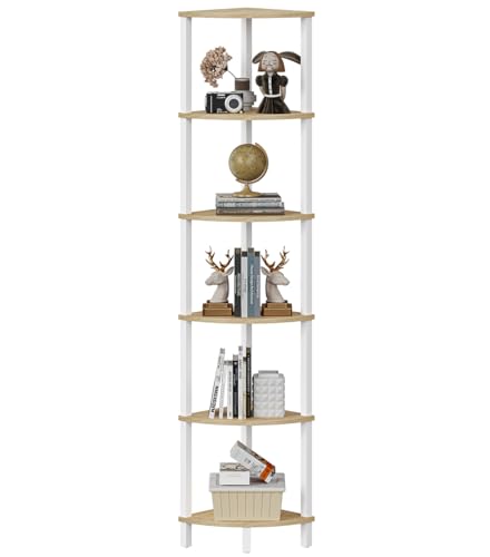Corner Shelf, 6-Tier Corner Bookshelf, Industrial Corner Ladder Shelf, DIY Storage Shelves, Rustic Display Shelf for Living Room, Bedroom, Kitchen, Home Office, White and Nature Wood Color UJSJ004Q - color: White and Nature Wood, size: 6-Tier without LED