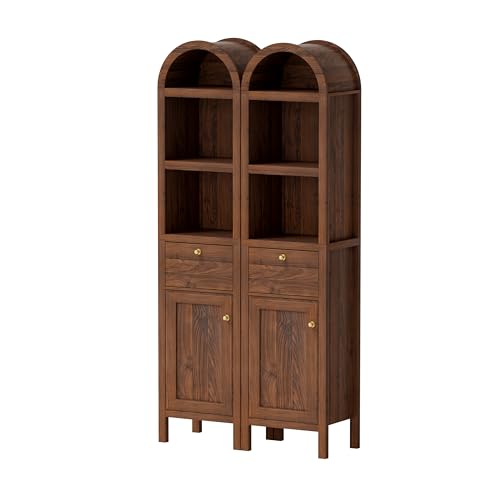 67" Tall Arched Bathroom Narrow Storage Cabinets Set of 2 with Adjustable Shelf, Farmhouse Freestanding Tower Cabinet with Door and Drawer for Kitchen, Living Room, Brown - color: Brown, size: 2 PCS