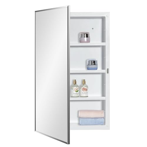 Plastic Medicine Mirror Cabinet for Bathroom, Surface and Recessed Mount - color: White, size: 16x26inch Framed Mirror