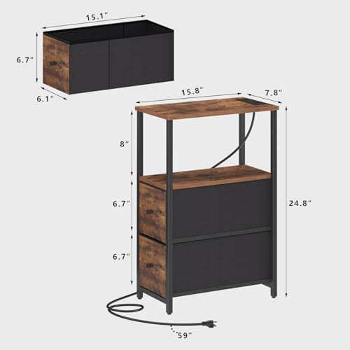 TUTOTAK Narrow End Table with Charging Station, Skinny Side Table | Bedside Table with Outlets, Nightstand with 2 Cloth Drawers, Couch Table for Living Room, Bedroom, Brown TB01BB055 - color: Brown, style: 2 Drawers & Plug