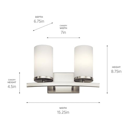 Kichler Crosby 2-Light Bathroom Vanity Light, Brushed Nickel | Satin etched cased opal glass vanity light for modern bathrooms (15" x 8.75" x 15"), 45496NI - color: Brushed Nickel, size: 2 Light, style: Satin Etched Cased Opal Glass