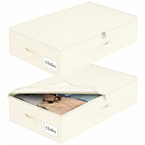 Under Bed Storage Container Bins 2 Pack, Low Profile Foldable Underbed Clothes Storage Organizer W/ Ultra Thick Fabric and Sturdy Bottom/Sides, Dual Zipper Storage Box for Dorm and Home 30x16x6.7" - color: White-2 Pack, size: 6.7in-space