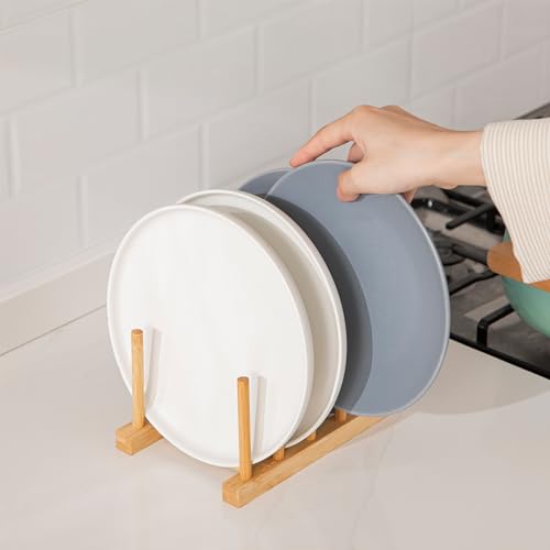 HBlife 2pcs Bamboo Dish Plate Bowl Cup Book Pot Lid Cutting Board Drying Rack Stand Drainer Storage Holder Organizer Kitchen Cabinet（Keep Dry） - color: Bamboo 4 Slots 2pcs