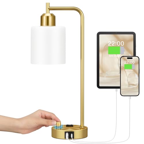 Innqoo Gold Lamp for Bedroom - Industrial Bedside Table Lamp with USB Port and Outlet, Fully Dimmable Nightstand Lamp with Opal Glass Shade, Small Desk Lamps for Home Office - color: Gold Base&Opal Shade