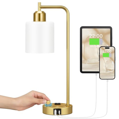 Innqoo Gold Lamp for Bedroom - Industrial Bedside Table Lamp with USB Port and Outlet, Fully Dimmable Nightstand Lamp with Opal Glass Shade, Small Desk Lamps for Home Office - color: Gold Base&Opal Shade