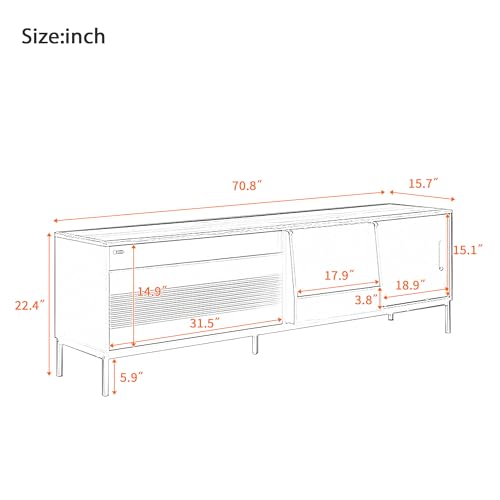 Modern TV Stand 71 in for TVs up to 75 Inches, Entertainment Center with Sliding Doors and Adjustable Shelves for Living Room, Black Media Console with Walnut Top and Sturdy Metal Frame - color: Black-h-70.90 X 15.70 X 22.50 Inch