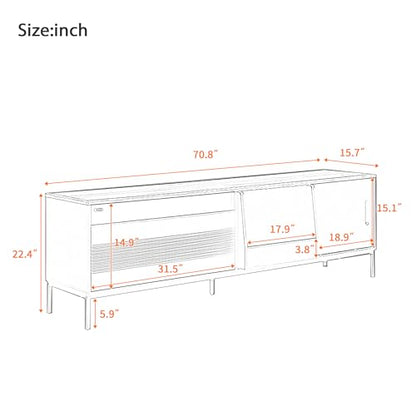 Modern TV Stand 71 in for TVs up to 75 Inches, Entertainment Center with Sliding Doors and Adjustable Shelves for Living Room, Black Media Console with Walnut Top and Sturdy Metal Frame - color: Black-h-70.90 X 15.70 X 22.50 Inch