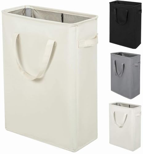 Narrow Laundry Hamper, Skinny Laundry Basket, 45L Beige, 24" | Slim Laundry hamper for Small Spaces laundry bag with handle, Foldable clothes hampers for laundry basket organizer - color: Beige