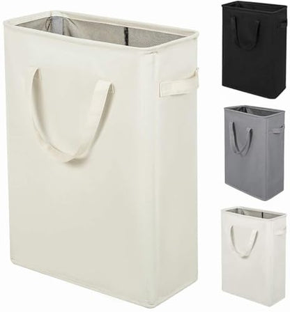 Narrow Laundry Hamper, Skinny Laundry Basket, 45L Beige, 24" | Slim Laundry hamper for Small Spaces laundry bag with handle, Foldable clothes hampers for laundry basket organizer - color: Beige