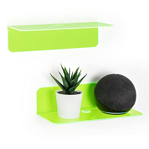 OAPRIRE 9 Inch Floating Wall Shelves Set of 2 - Personalize Expand Wall Space - Acrylic Small Wall Shelf for Bathroom, Bedroom, Living Room, Office, with Cable Clips - Clear Green | Strong Tape Adhesive Wall Shelf, Easy Installation, Hole Design with Cabl