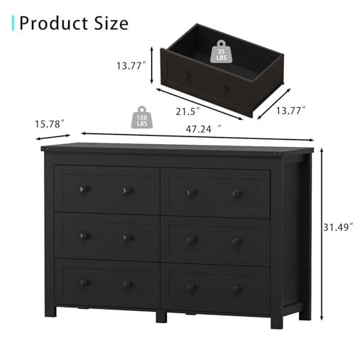 6 Drawer Dresser for Bedroom, Black Modern Dressers & Chests of Drawers with Metal Handles, Closet Storage Dresser, Storage Cabinet and Organizer with Drawers - color: Black, style: Classic 6 Drawers