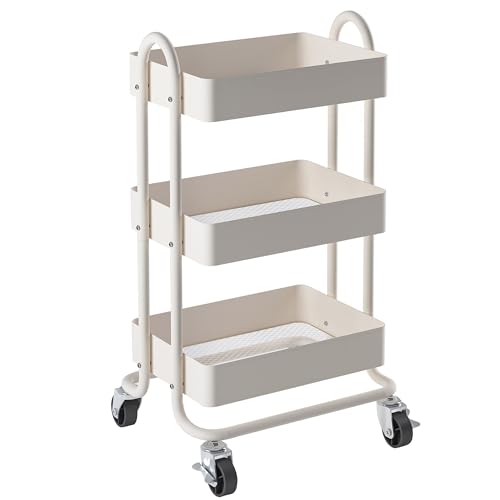 Metal Rolling Cart,3-Tier Metal Rolling Cart with Wheels,3 Tier Utility Cart with Wheels for Office,Home,Kitchen,Garden（13.4"x18.1"x31"） White - color: White, size: 31"H