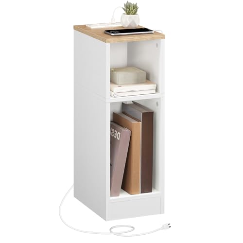 MAHANCRIS Narrow Nightstand, Narrow End Table with Charging Station, Skinny Bedside Table for Small Spaces, Mid Century Modern Night Stand for Bedroom, Living Roon, Natural and White ETNW30E01 - color: Natural and White