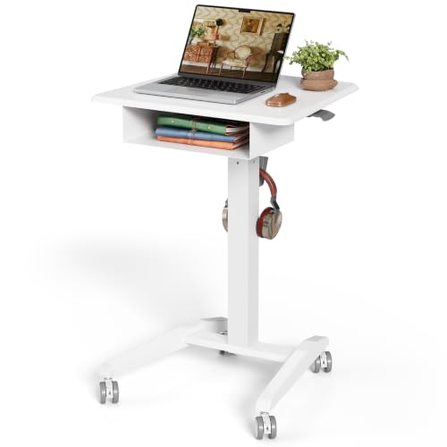 JOY worker Mobile Standing Desk with Drawer, 23.6" Small White Laptop Desk | Pneumatic Height Adjustable, Open Storage Shelf, 4 Lockable Wheels, Portable Sit Stand Desk, Home Office Teacher, Holds 22lbs - color: White, size: 23.6 Inch