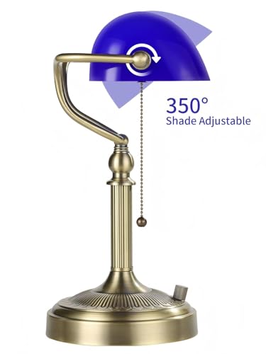 Blue Stepless Dimmable Glass Bankers Desk Lamp | Table Lamp Plug in Fixture for Study Home Office, LED Bulb Included - color: Blue-Dimmable