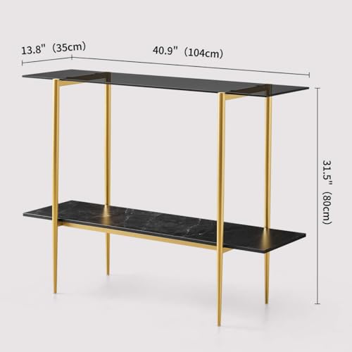 LumFurn Glass Console Table for Living Room, Foyer & Entrance, 2-Tiers Mid-Century Modern Sofa Table with Grey Glass Top, Black Marble Finish Wood Shelf and Gold Finish Frame - color: Grey & Black Marble