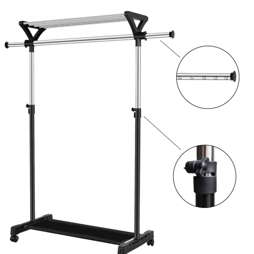 Clothes Rack on Wheels with Extra Top Storage Shelf, Expandable Rolling Garment Rack for Hanging Clothes, Heavy-duty Metal Stainless Steel Adjustable Organizer for Bedroom, Living Room